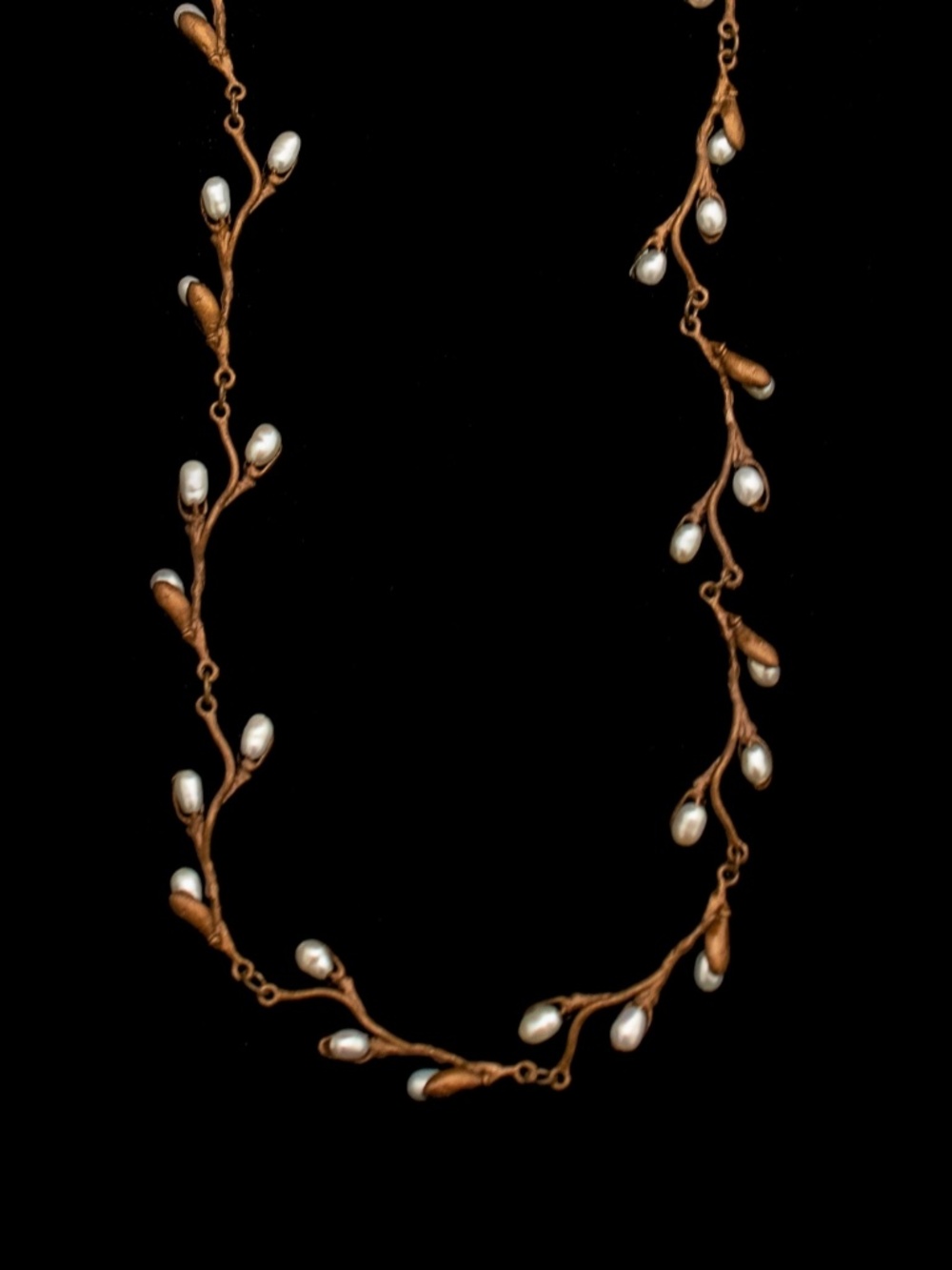 PussyWillow Twig and Freshwater Pearl Cast Bronze Necklace, 16"
